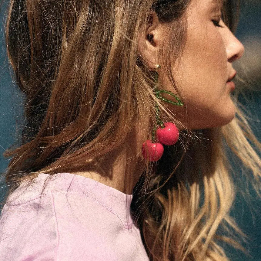 Fabric Beaded Red Cherries Dangle Earrings for Women Trendy Novelty Fruit Drop Jewelry Made of Zinc Alloy