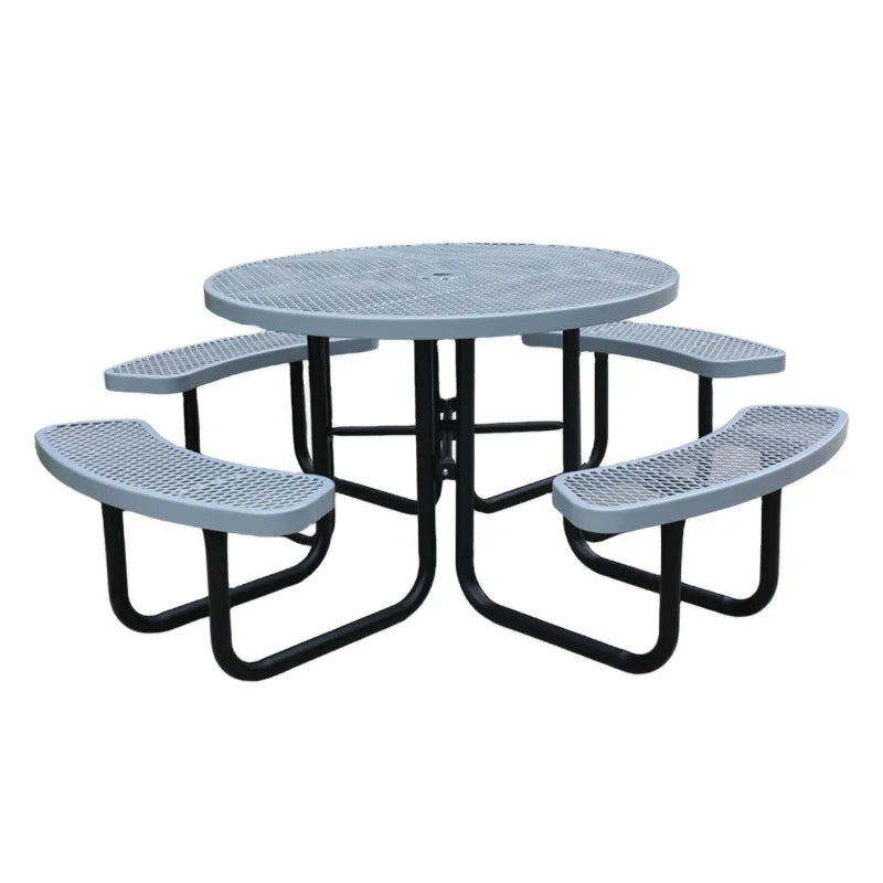 Outdoor Furniture Commercial 46" Expanded Steel Round Picnic Table with Bench Restaurant Outside Metal Dining Table and Chair