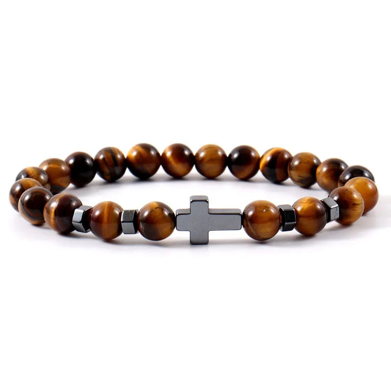 Jesus Cross Natural Energy tiger Eye Beads Amber Bracelet Male and Female Hand Beaded Bracelets