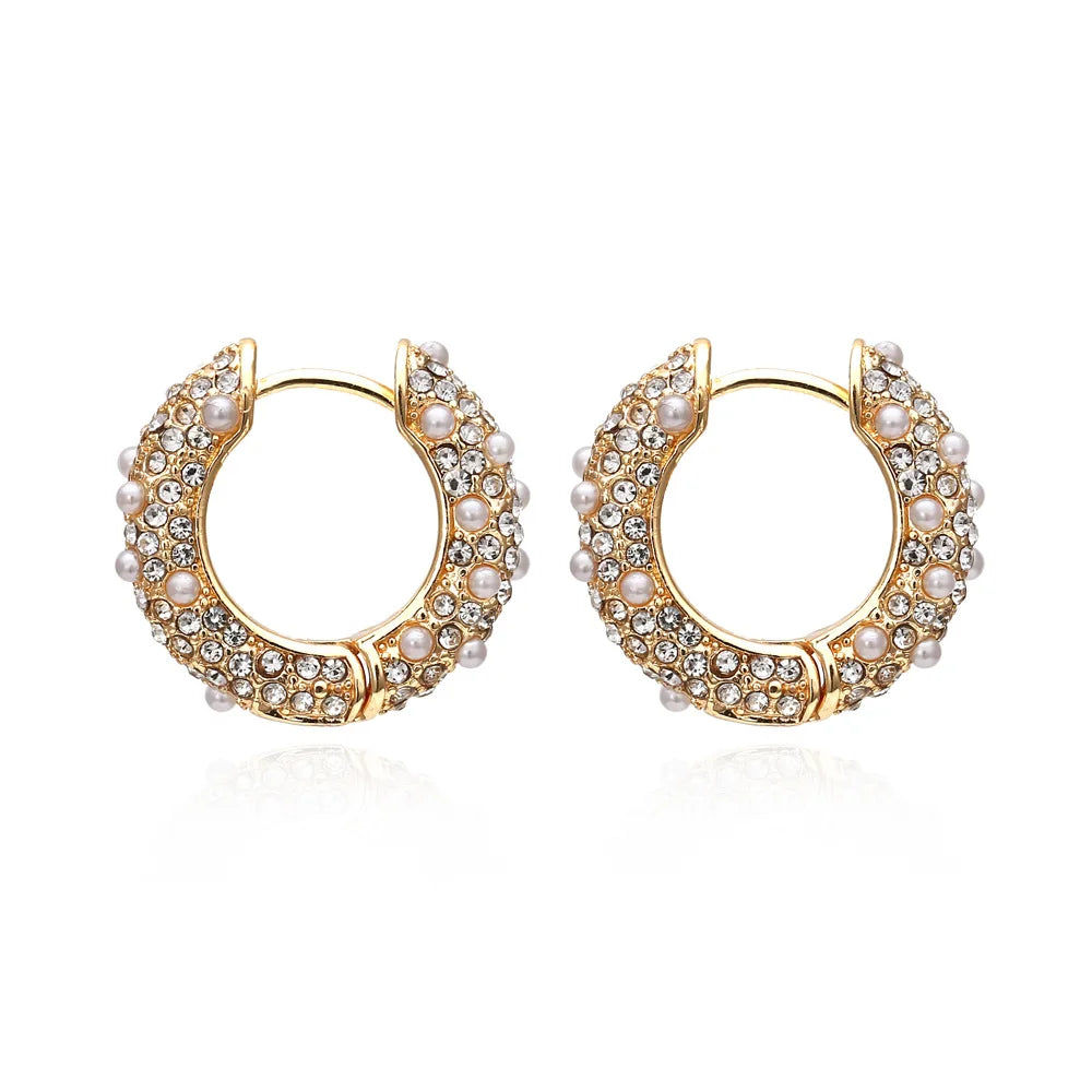 Pearl Paved Small Huggie Hoop Earrings Gold Minimal Brass Plated Cubic Zirconia Fashion Wholesale 2mm Round Designer Women Girls
