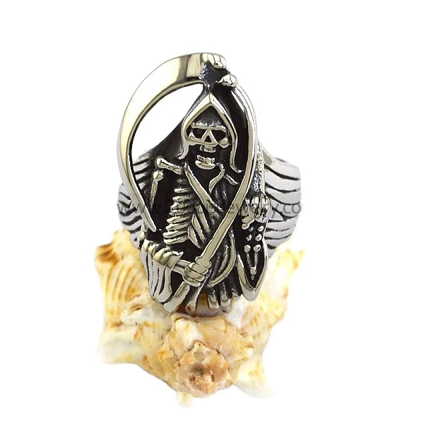 Vintage Punk Male Cluster Rings Black Stainless Steel Skull Sickle Design Swinging the Sickle