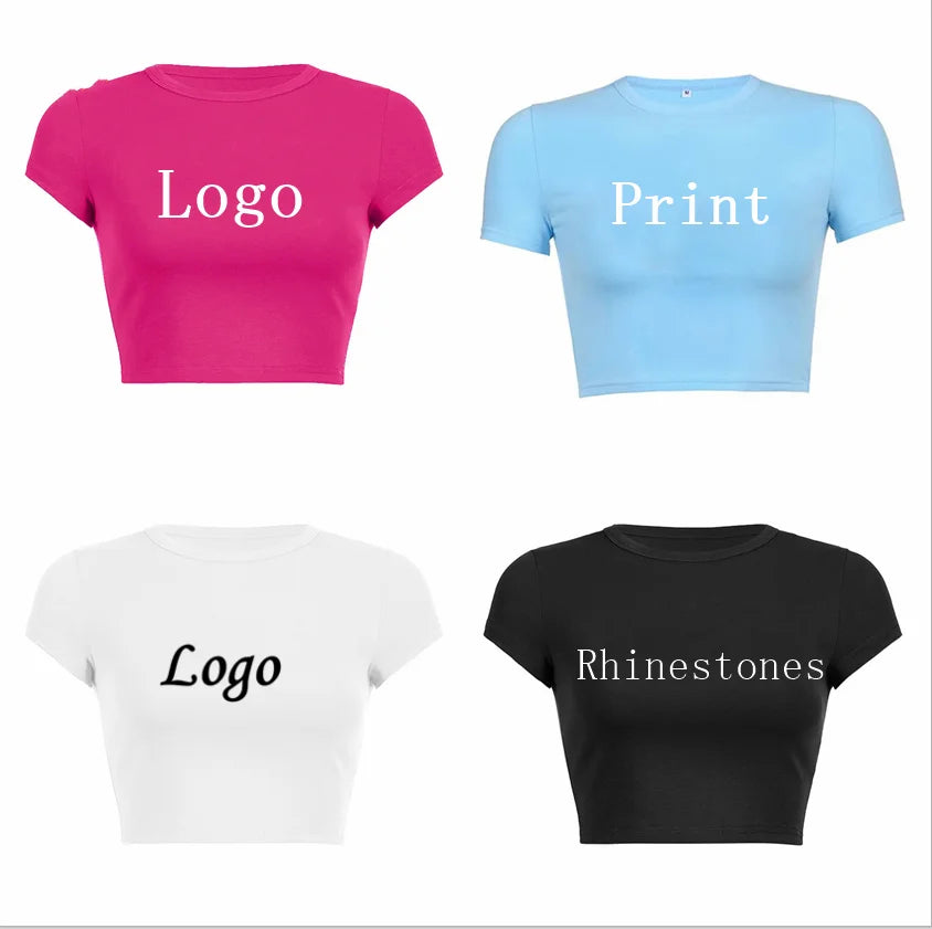 Summer Female Casual Short Sleeve Plain Crop Top Cotton Women Tees Custom t Shirt