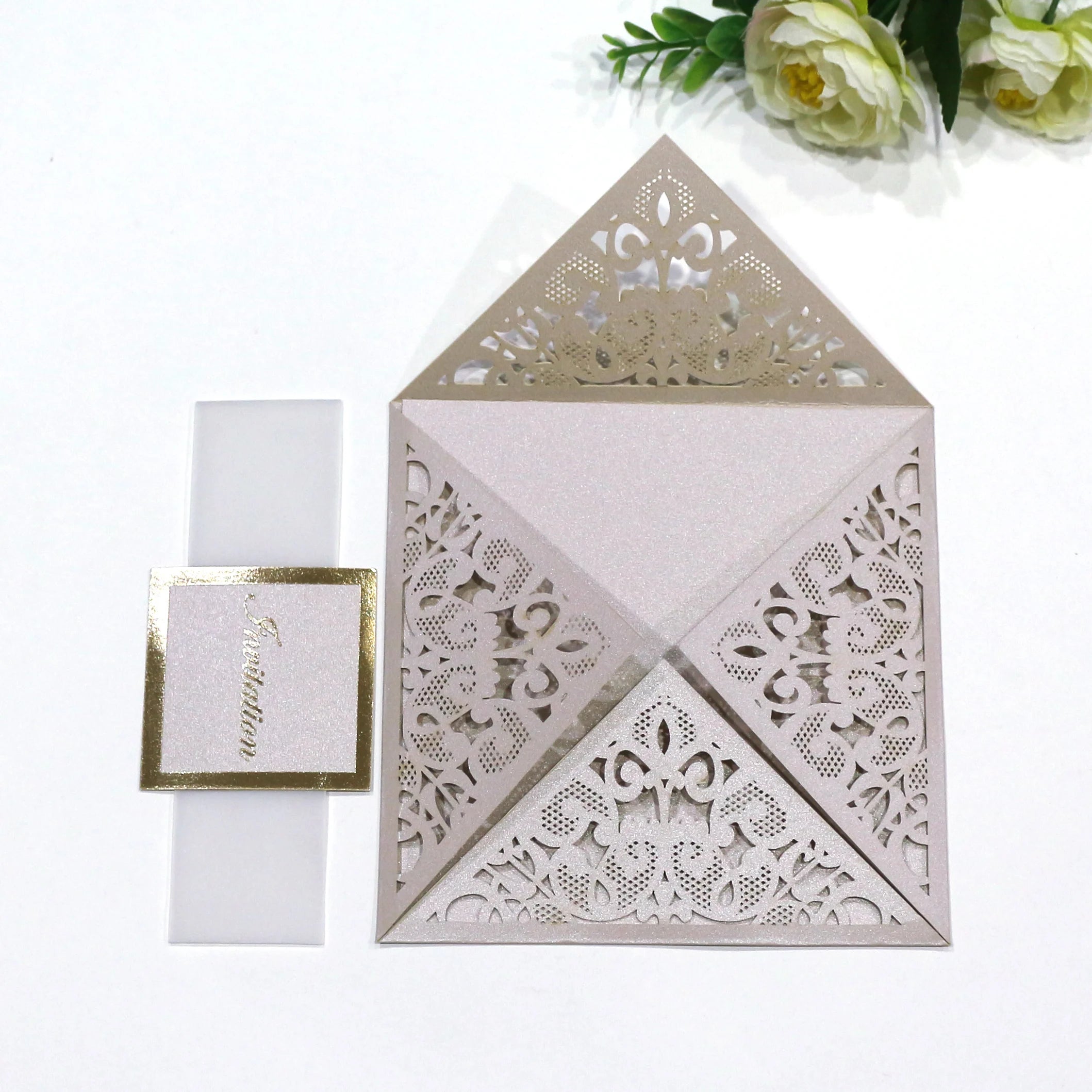 Square Laser Cut Wedding Invites Covers DIY Your Wedding Invitation Cards with Belly Band and Paper Tag