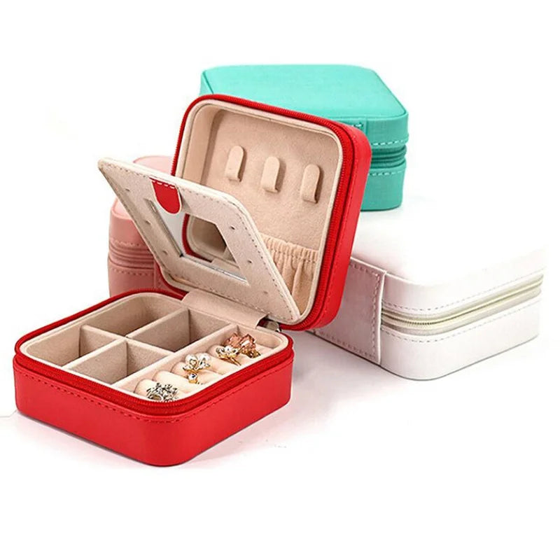 Portable Zipper Jewelry Storage Box Square Shape Leather Makeup Organizer Mirror for Travel Display Bracelets Rings Jewellery