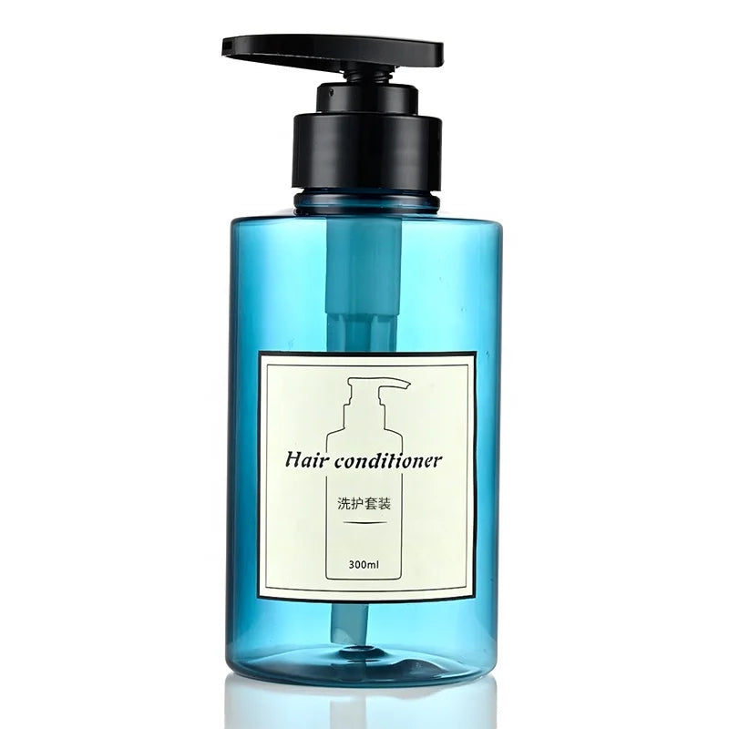 Custom 300ML Blue Eco-friendly PET Plastic Empty Shape Amber Hair Shampoo Bottle Cosmetics Packaging Lotion Pump Cap Screen