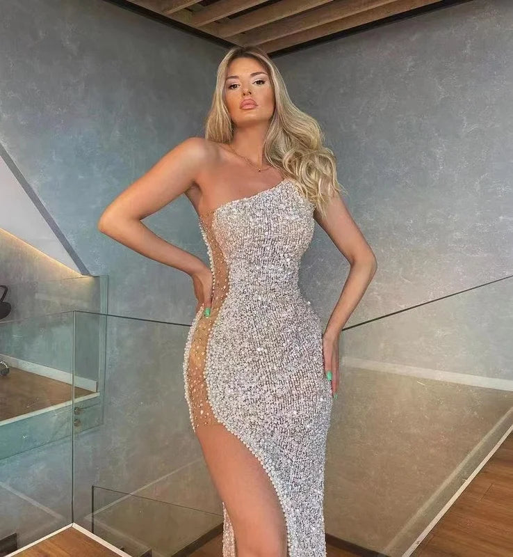 Luxury 2022 Casual Spring Set Sexy Hip Sequin See Through One Strap Jumpsuit Club Party Wedding Dress Bridal Gown Costume