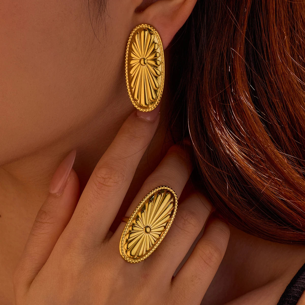 2025 Fashion Long Oval Stainless Steel Jewelry Set Women Waterproof Statement Flower Earrings Studs Steampunk Open Ring