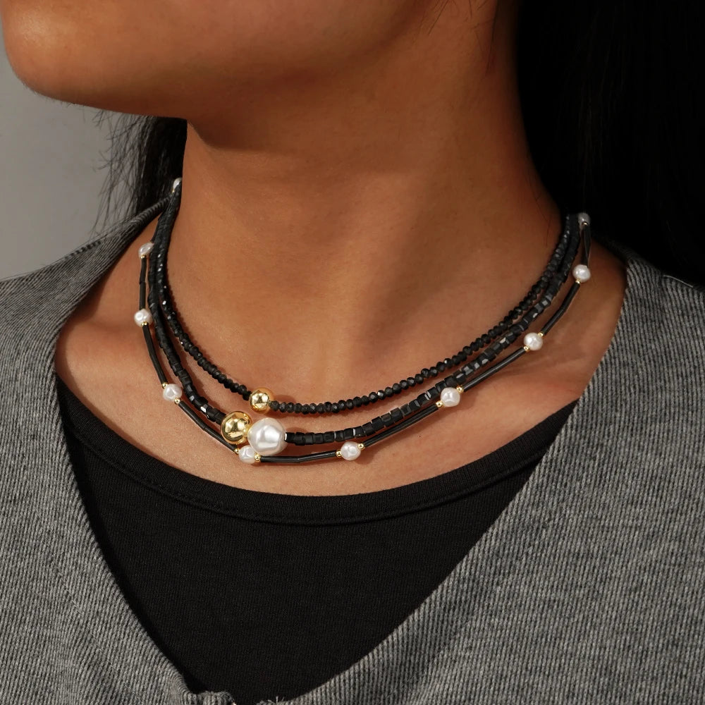 Go2boho Layered Black Beaded Necklace With Gold Plated and Faux Pearl Accents Adjustable Bohemian Jewelry for Women Unique Gift