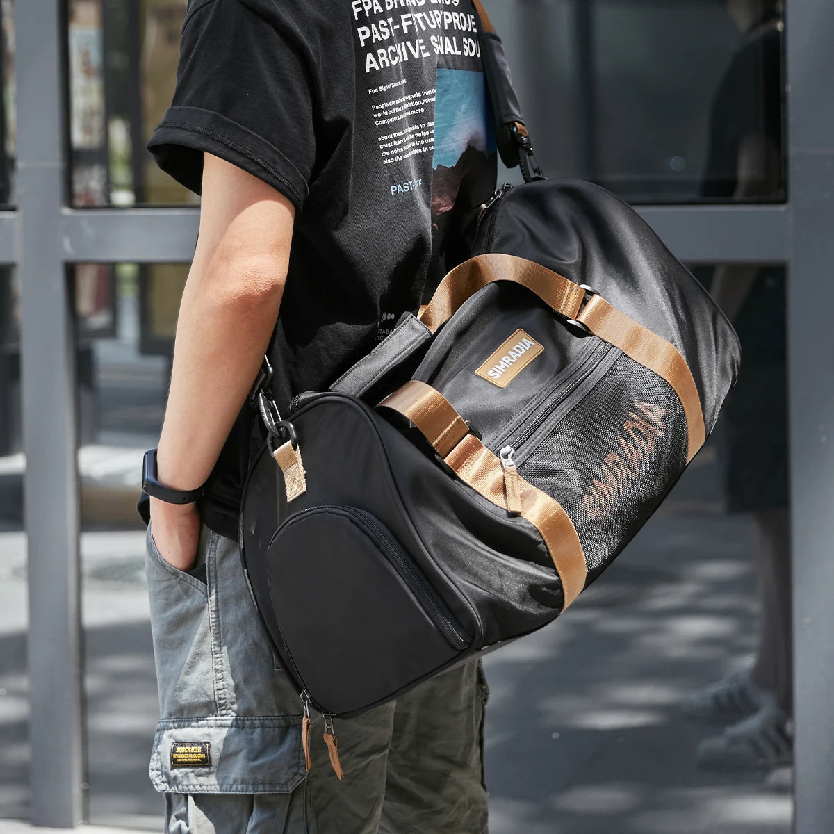 Simradia Unisex Duffle Gym Travel Bag Custom Logo Organizer Water-Proof Large Capacity Nylon Polyester Zipper Letter Pattern