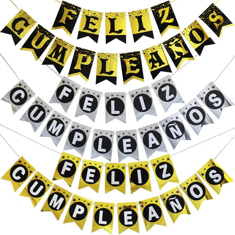 Metallic Feliz Cumpleanos Banner Spanish Happy Birthday Flags Decorations