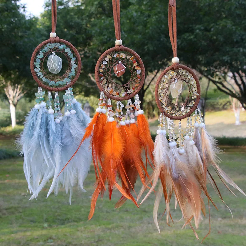 Wholesale Dream Catcher Jewelry Handmade Natural Crystal Stone Iron Feather Hanging Ornament for Home Decor