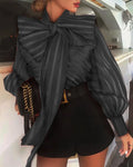 Elegant Style Beautiful Ruffles Shirt for Women Red Bow Mesh Striped Shirt