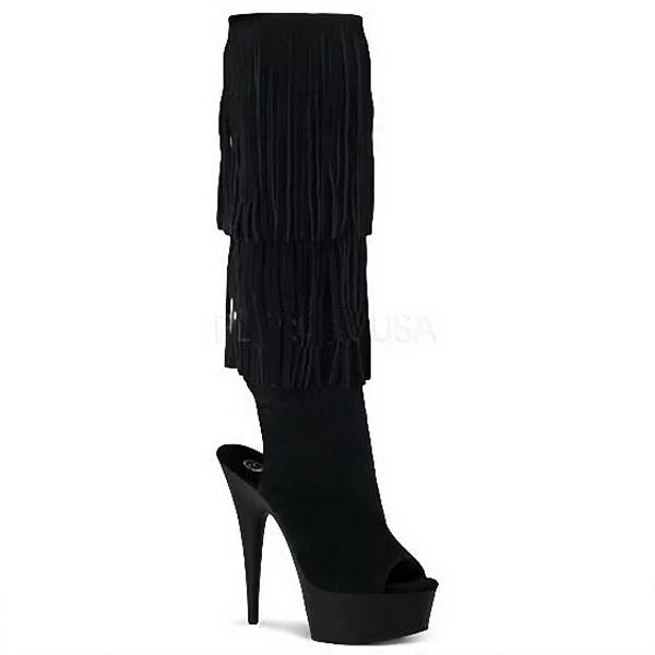 Nightclub Black thick bottom 15cm high heel boots Fringe platform model show women's shoes Exotic Dancer Boots Party Fashion