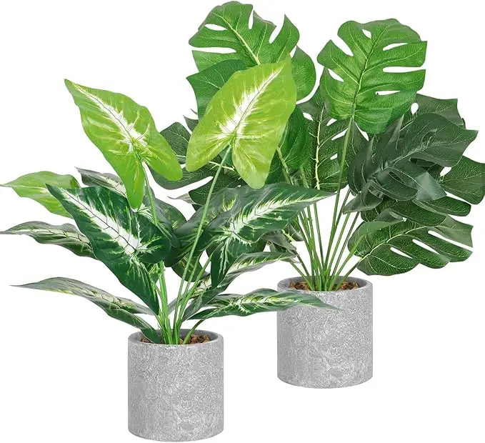 Artificial Monstera Plants in Gray Pot Plastic Faux Potted Greenery for Office Desk or Coffee Table