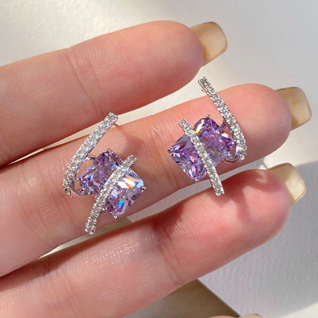 Huitan Irregular Design Rectangular Purple Crystal Cubic Zirconia Earrings for Women Silver Plated Wedding Bridal Stud Earrings