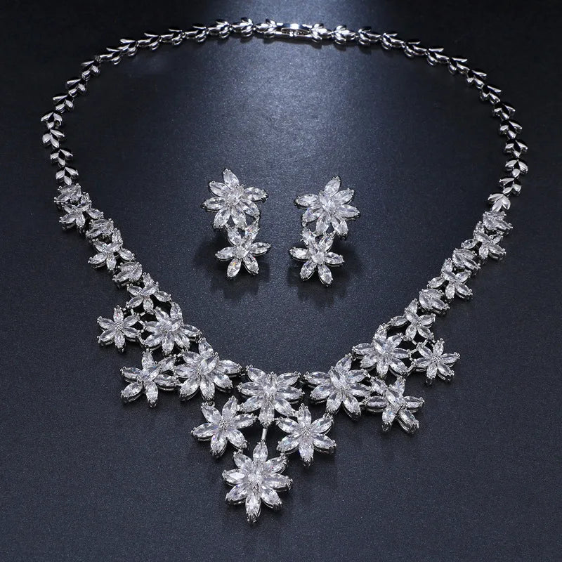 European and American Luxury Zircon Snowflake Necklace Ear Jewelry Women's Evening Dress Accessory Set