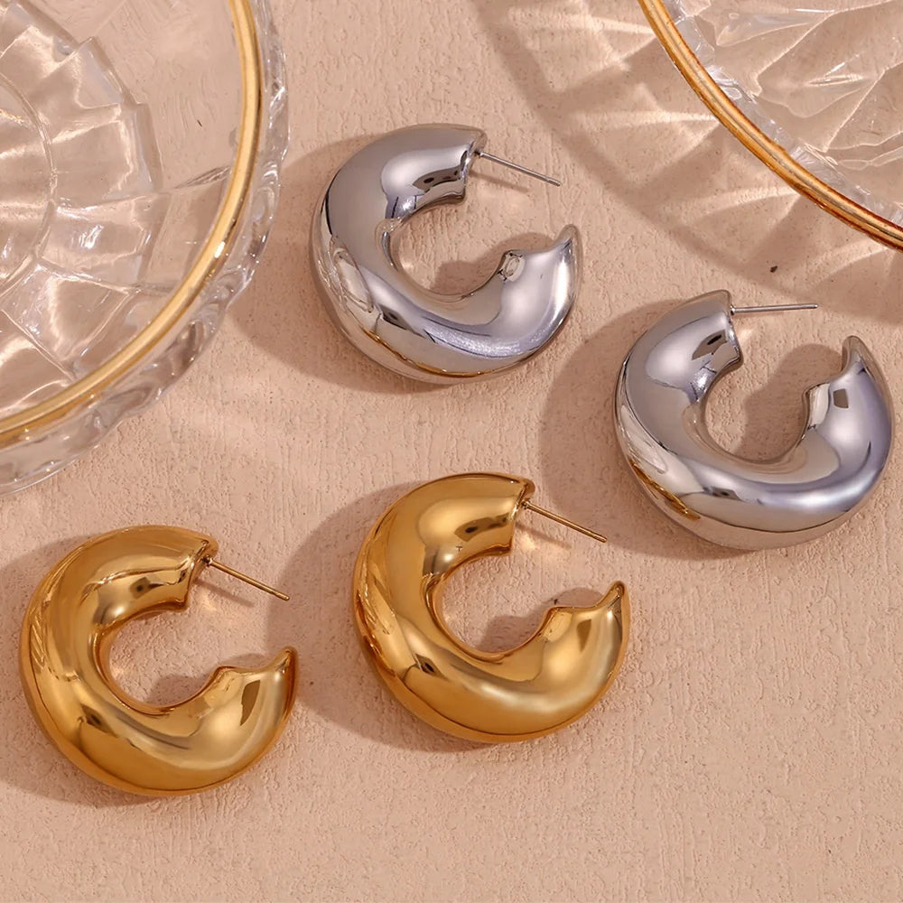 Simple Fashion Jewelry Tarnish Free 18K Gold Plated Stainless Steel Hollow Irregular Hoop Earrings Statement Earrings for Girls