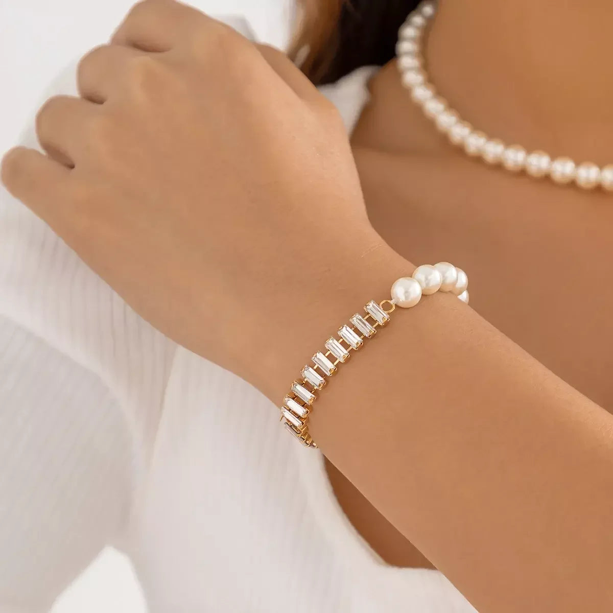 SHIXIN Unique Trendy Necklace Hip Hop Double Rhinestone Clavicle Chain Necklace Simple Geometric Square Zircon Pearl Necklace