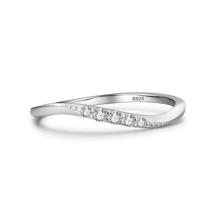 Women's 925 Sterling Silver CZ Stone Zircon Ring Simple Tiny Stackable Wave Shape Band Silver Plated for Party Wholesale