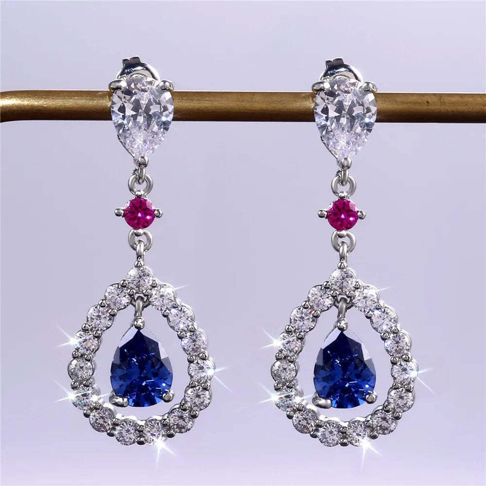 Huitan Romantic Royal Blue Water Drop Hollow Dangle Earring Brilliant Gemstones Lady Elegant Pear Korean Earrings Women