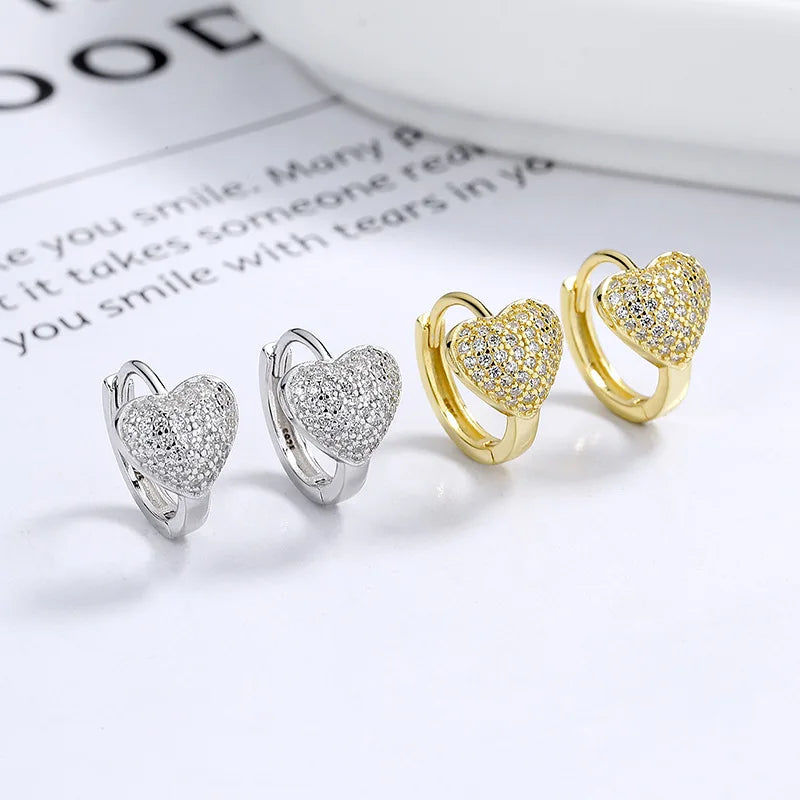 Fine Jewelry 925 Sterling Silver Heart Earrings love Heart Full Diamond Zircon Gold Plated Hoop Earrings for Women