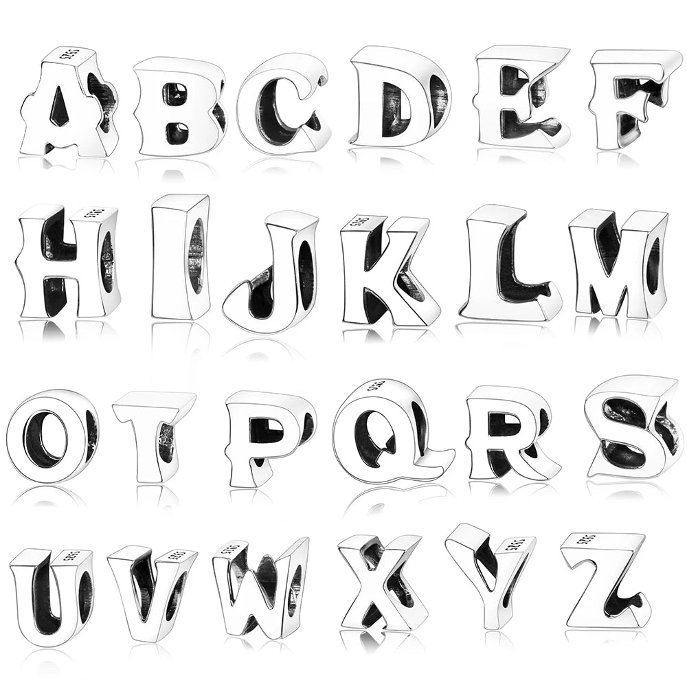 Initial A-Z Beads Alphabet Pendant Charms 925 Sterling Silver Gift CLASSIC Unisex S925 Zircon Round Sterling Silver Love Letters