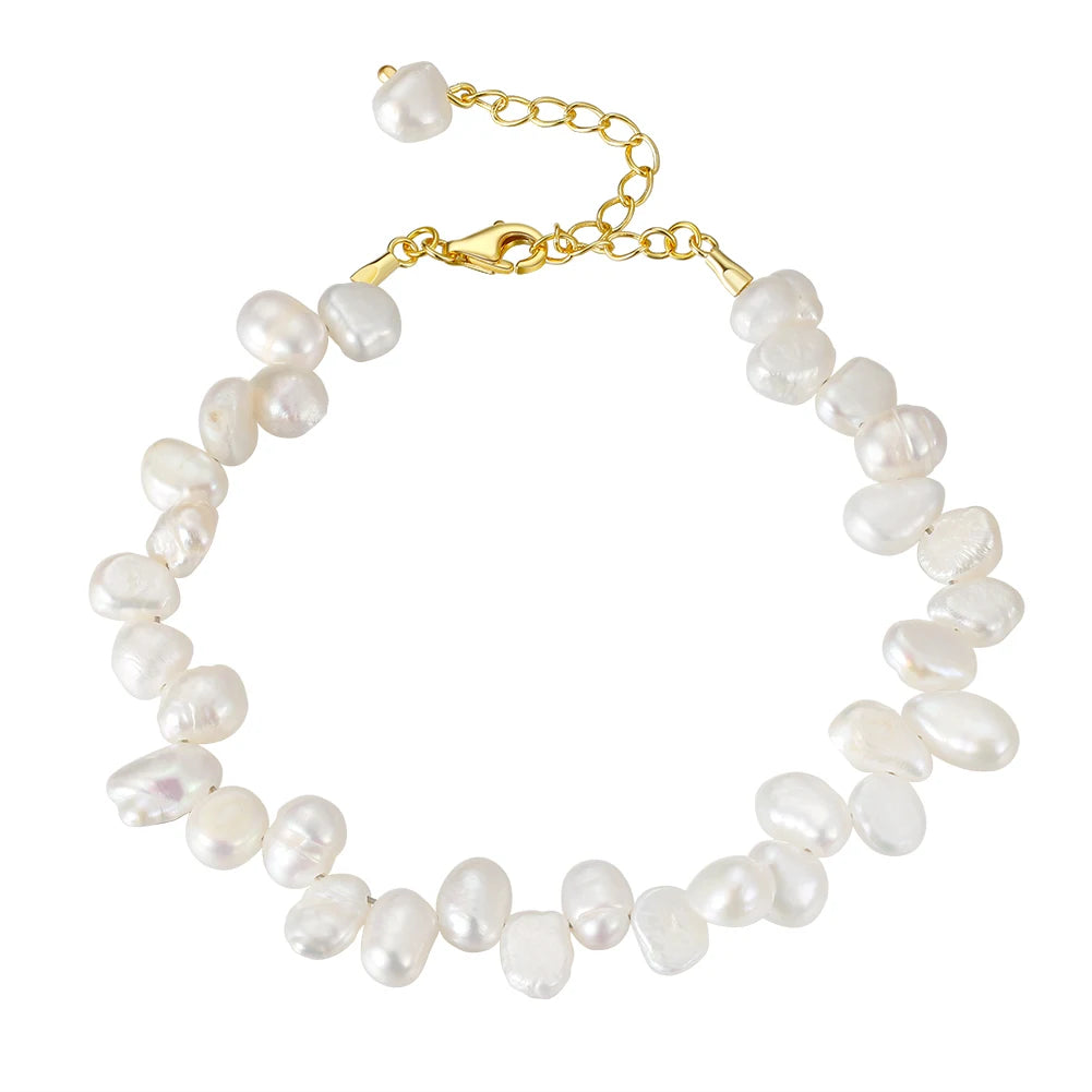 RINNTIN GPB02 Trendy 925 Silver Pearls Bracelet 14k Gold Plated Baroque Fresh Water Natural Pearl Beads Bracelets for Women