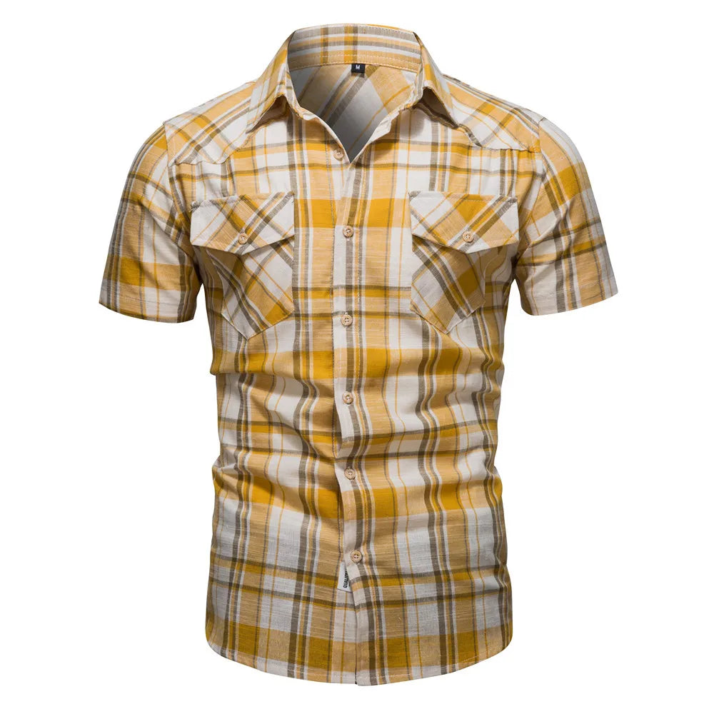Summer Men New Plaid Shirts Men Casual Pocket Casual Lapel Short Sleeve Shirts