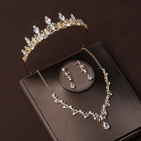 Champagne Gold Bridal Headwear Crown Main Wedding Dress Hair Accessories Minimalist Necklace Three Piece Set