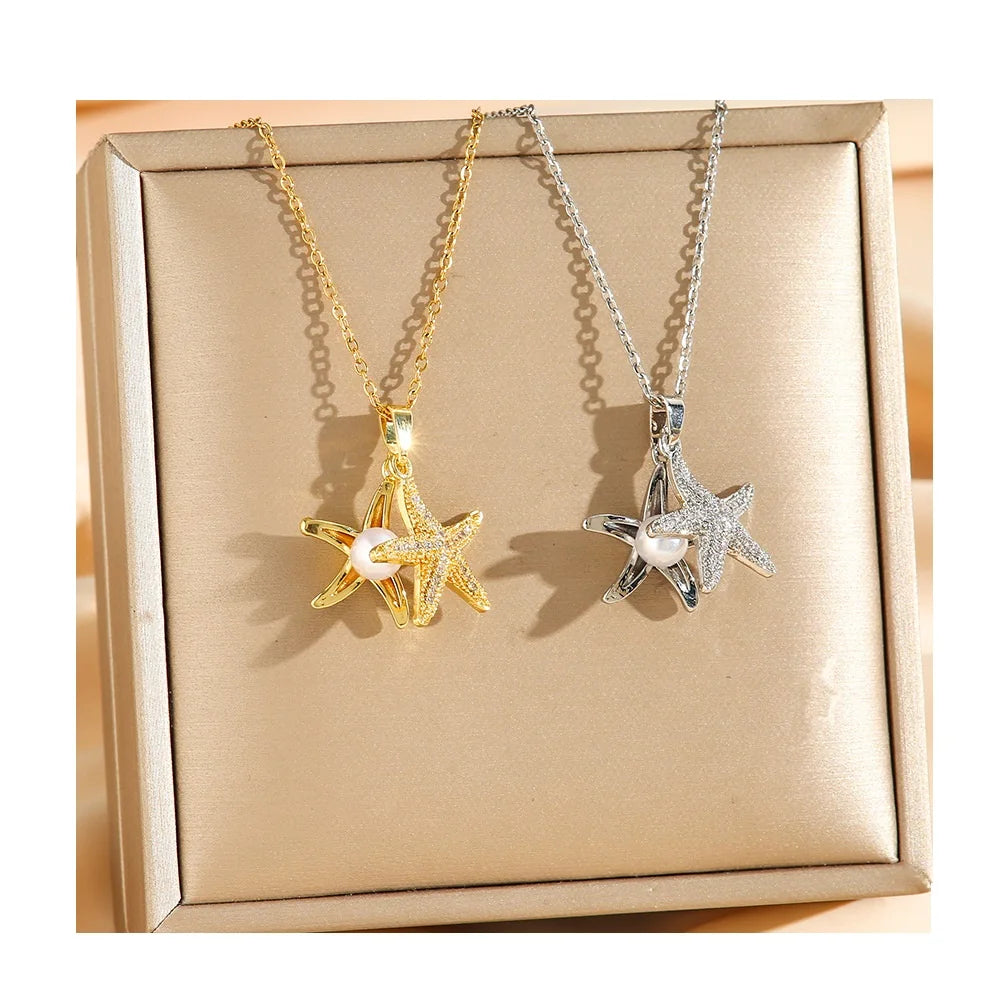 18K Gold Plated Stainless Steel Necklace for Women Trendy Starfish Zircon Charm Collar