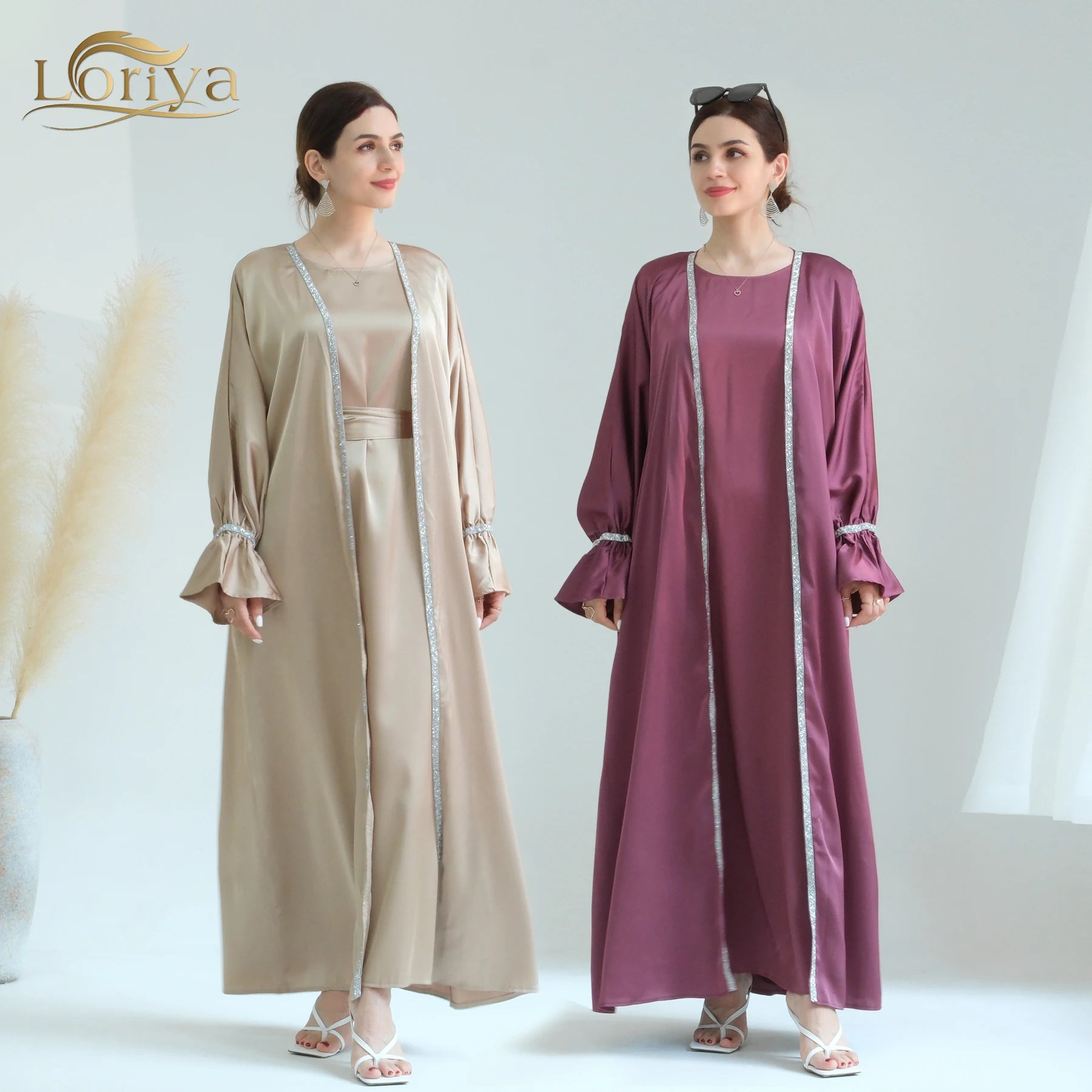 Loriya 2 Piece Modest Set Muslim Open Abaya With Matching Inner Slip Dress Women Kimono Abaya Islamic Clothing Silk Abaya