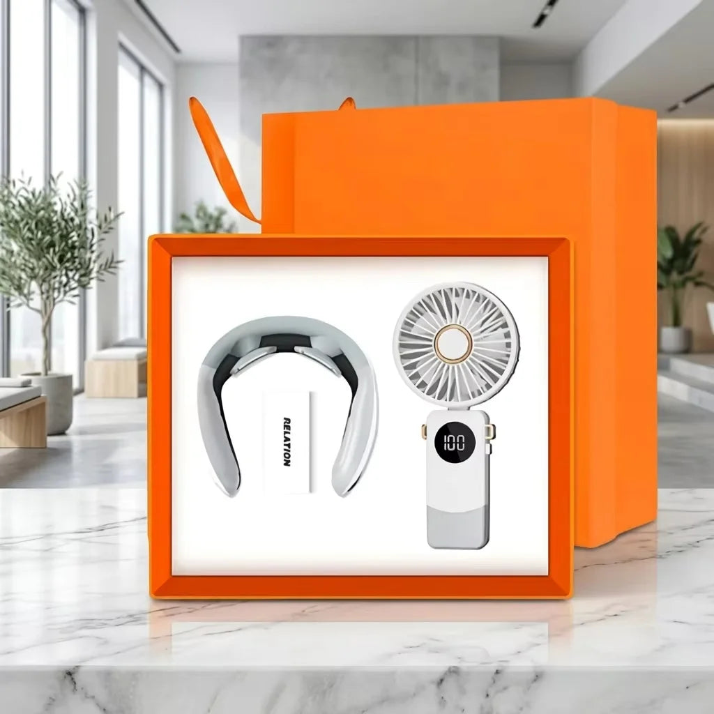 2026 Trending Summer Wellness Gift Set Smart Neck Massager & Portable Handheld Fan Tech Corporate Gifts Employee Appreciation