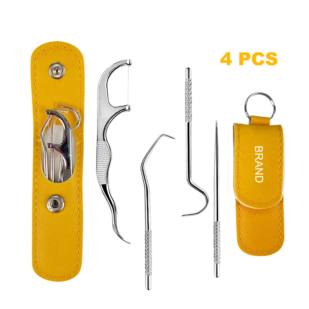 4pcs Portable Stainless Steel Toothpick Set Reusable Metal Dental Flossers Kit for Outdoor Picnic Traveling