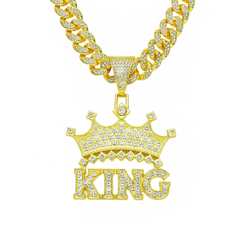 Hip Hop Necklace KING Alphabet Crown Pendant Ornament Men's Street Tide Cool Diamond-encrusted Pendant Necklace