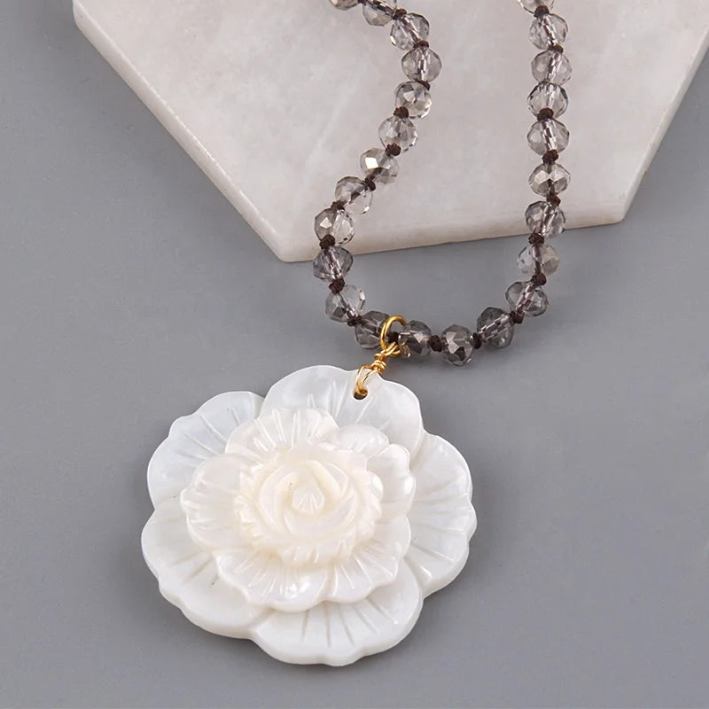 Fashion Bohemian Jewelry Women Boho 6mm Crystal Glass Knotted Necklace White Multi Layer 3D Shell Flower Pendant Necklace