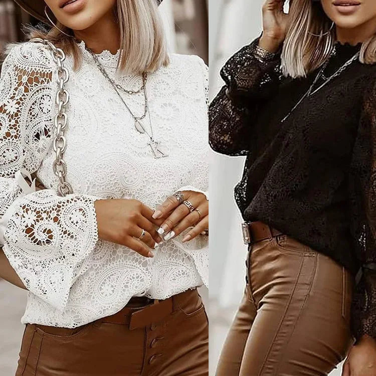 2023 Summer See Through Long Sleeve Standing Collar Tops White Lace Shirts Blouse for Women