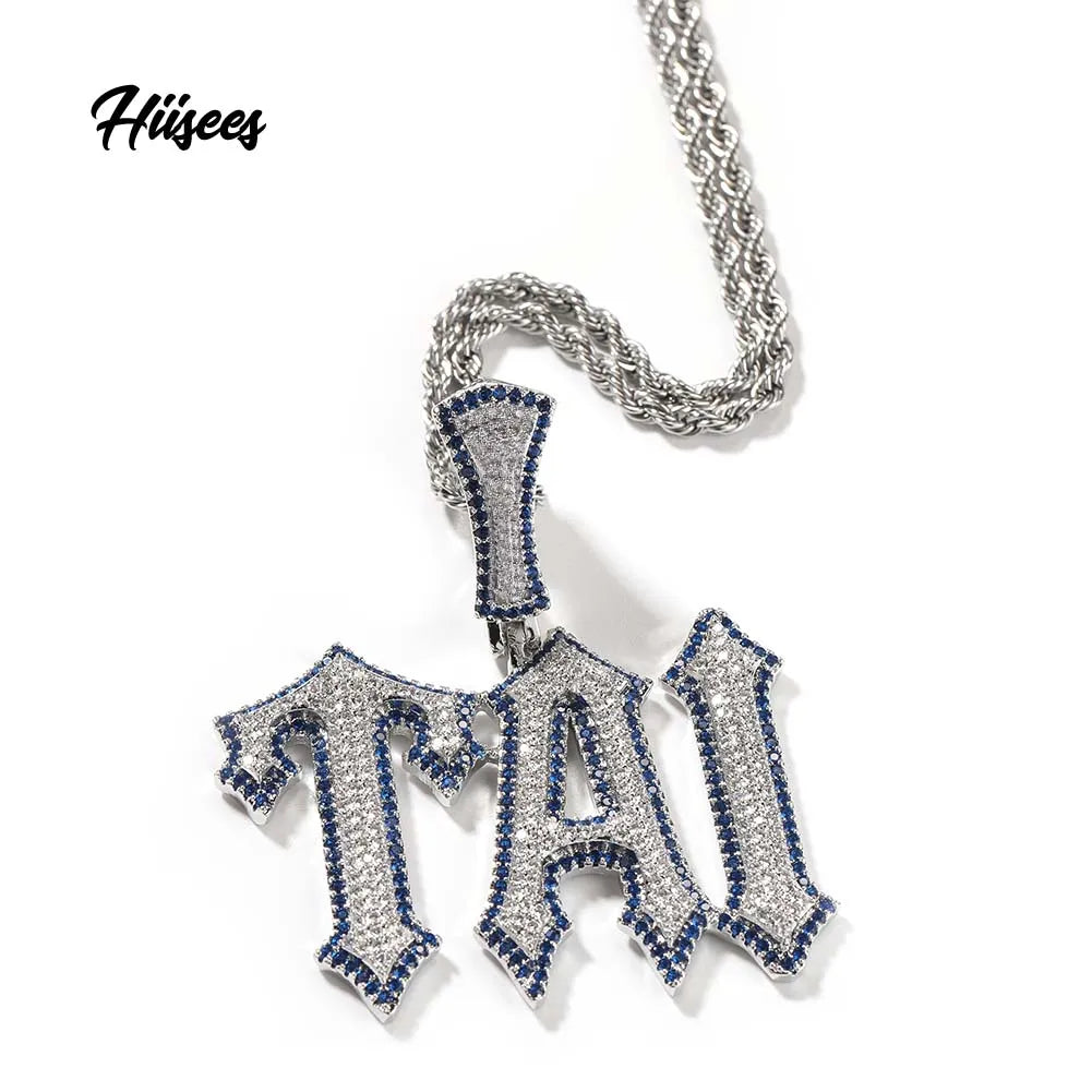 Luxury Men Women Hip Hop Jewelry Necklace Custom Name Pendant Iced Out Blue Zircon Letter Necklace