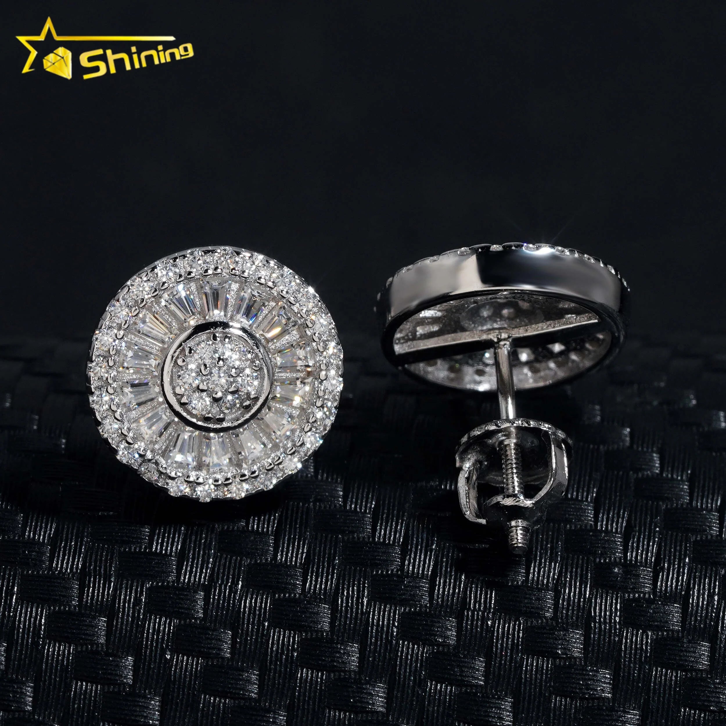 Round Shape Hip Hop 925 Sterling Silver Iced Out VVS Baguette Diamond Moissanite Earring