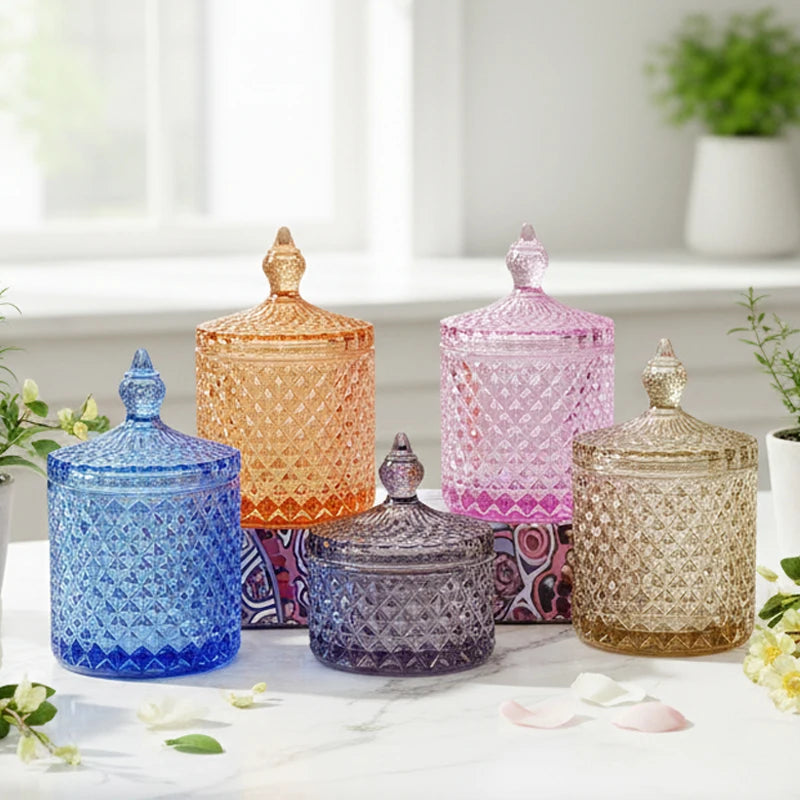 Wholesale Empty Unique Colored Glass Candy Jars Embossed Luxury Candle Jars with Lid Candle Vessels