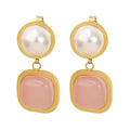 2023 Summer Pearl Earrings Stainless Steel 18 K Real Gold Plated Trendy Pink Square Stone Earrings Hypoallergenic Drop Earrings