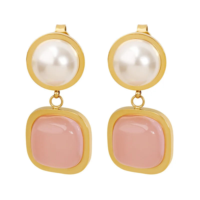 2023 Summer Pearl Earrings Stainless Steel 18 K Real Gold Plated Trendy Pink Square Stone Earrings Hypoallergenic Drop Earrings