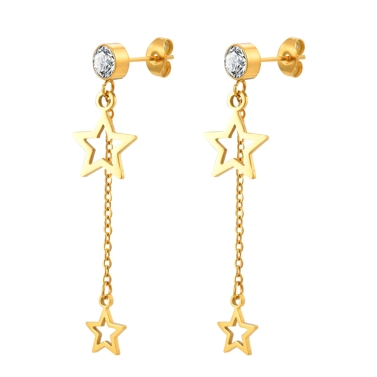 N&S Ladies Ins Wind Stainless Steel Stud Earrings Cute Five-Pointed Star Shape Tassel Gold Zircon for Gifts Parties