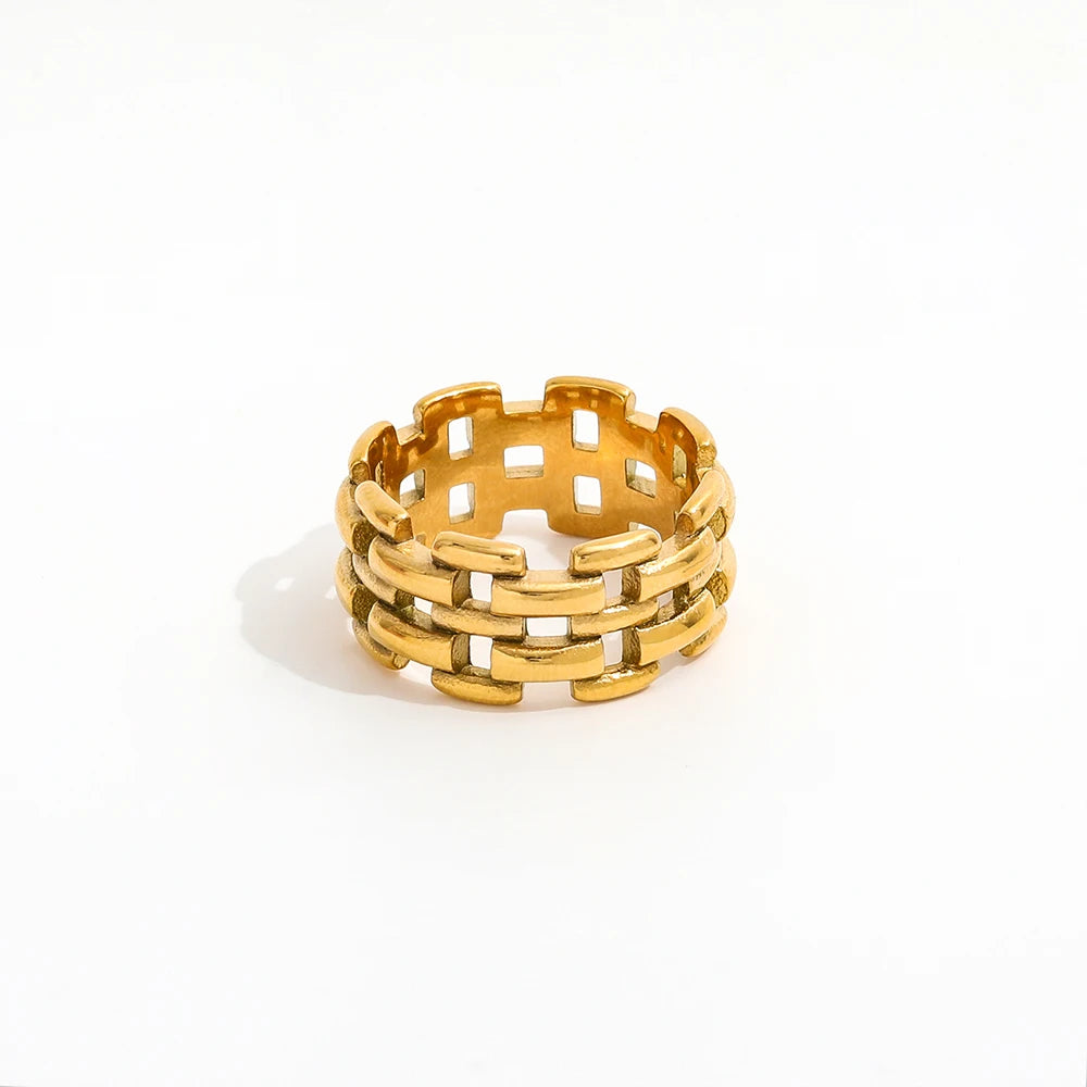 Fenny 18K Gold Plated Wholesale Tarnish Free Classic Statement Watchband Hollow Stainless Steel Finger Ring Trendy for Women
