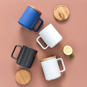 Custom 450ml Ceramic Coffee Mug with Marble Design Wooden Lid and Gift Box for Tea & Coffee