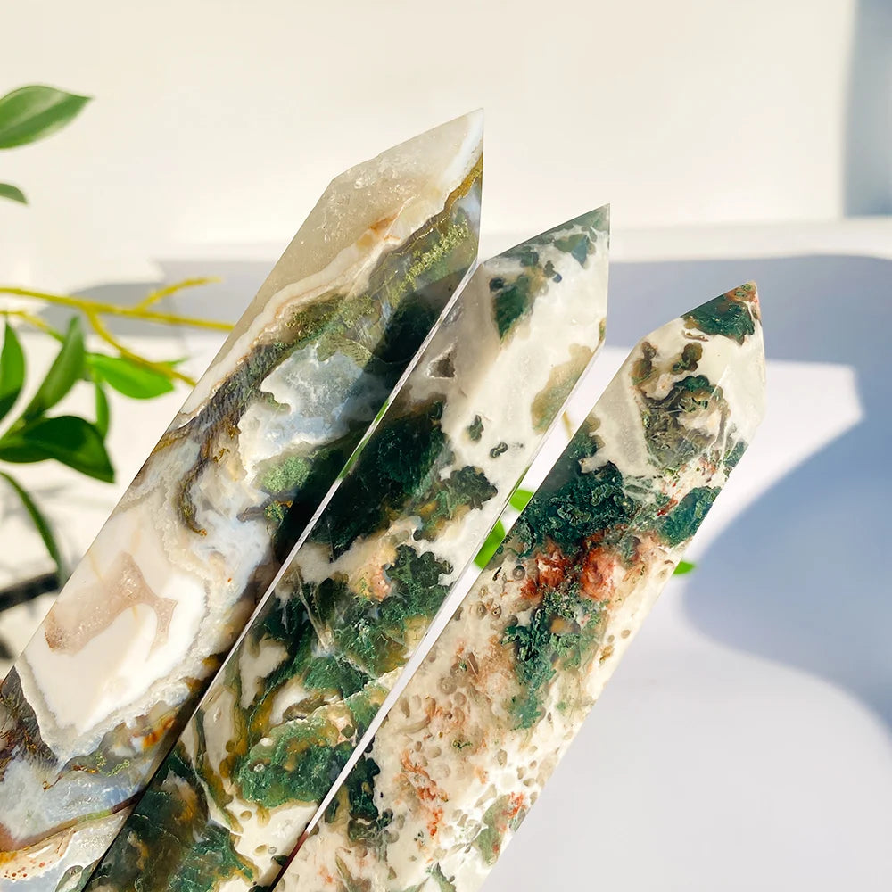 Wholesale Factory Price Natural Moss Agate Point Healing Druzy Crystal Points Stone Tower for Decoration Gift