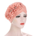 Fashionable Custom Logo Muslims Chiffon Leaf Pattern Shawl Pleated Watermelon Hat with Three Flower Applique Made of Polyester