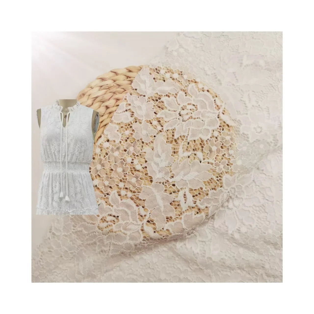 2024 New Fashion Knitted White Floral Warp Floral 95%Nylon 5%Spandex Stretch Jacquard Nylon Lace Fabric for Clothing