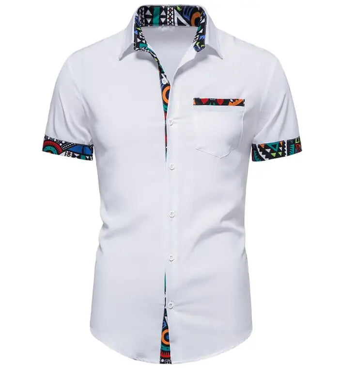 Men's African Style Print Patchwork Design Short Sleeve Shirts Turn Down Collar Casual Shirt