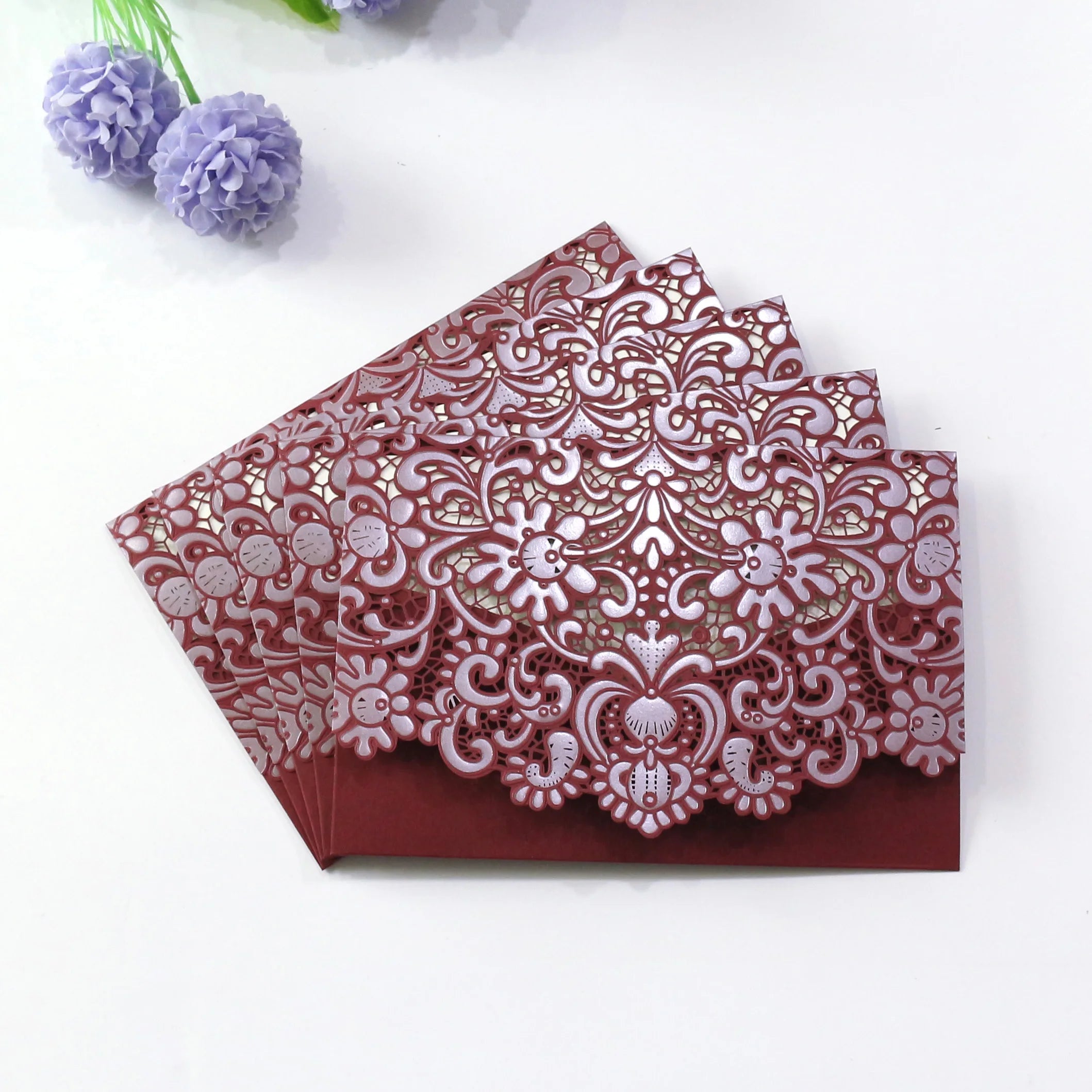 Fancy Pocket Burgundy Wedding Invitations Hollow Trifold Invitations Greeting Gift Cards for Party Birthday Decoration