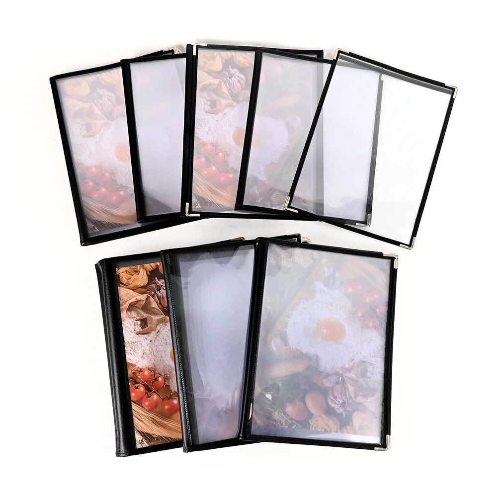 A4/8.5x11 Inches Black High-end PU Leather PVC Transparent Silver Corner JINDA Brand Menu Holder Cover Restaurant Hotel Double